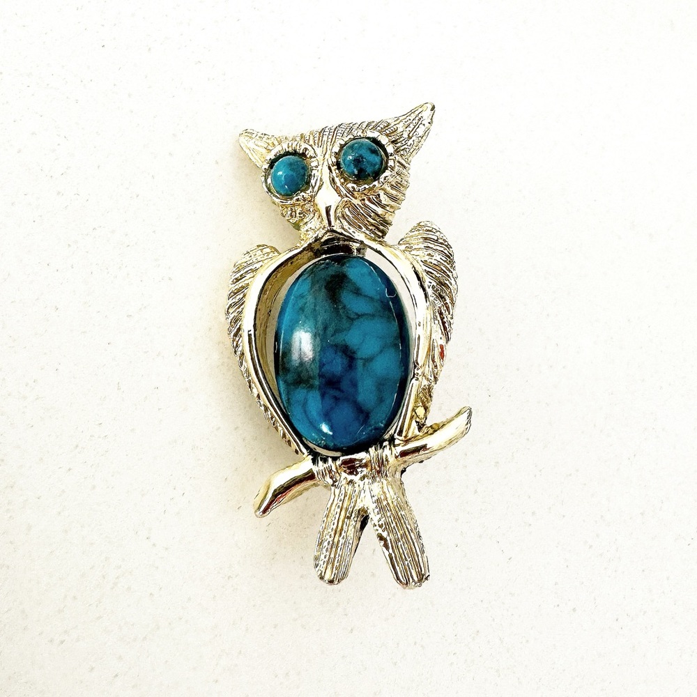 Gold-tone Vintage Owl Brooch Faux Turquoise - Picture 4 of 7